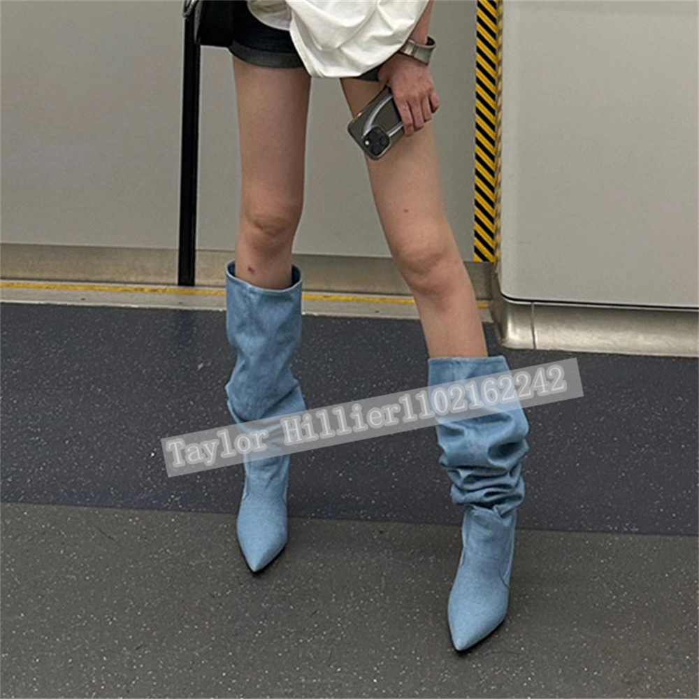 Bottes plissées en jean bleu p - Street Fashion Runway avis et prix