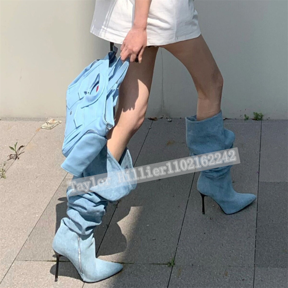 Bottes plissées en jean bleu p - Street Fashion Runway avis et prix
